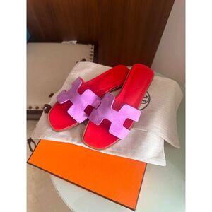Authentic HERMES Suede Goatskin Oran Sandals size 37 in Violet Parme
